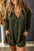 Brushed Ribbed Button Split V Neck Long Sleeve Romper